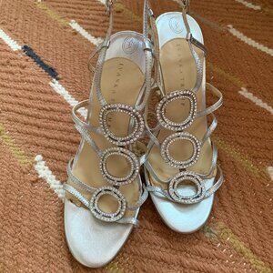 Ivanka Trump Gorgeous Silver Leather Heels with Crystals, Size 8.5